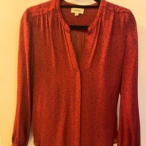 L’ AGENCE silk blouse, cranberry with black Swiss dot, NWOT, size small